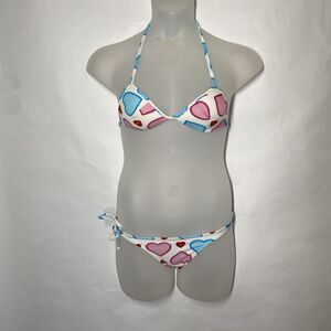 AGUA DOCE Brazilian 2-pc Bikini Size M Hearts White Red Stretch Cheeky